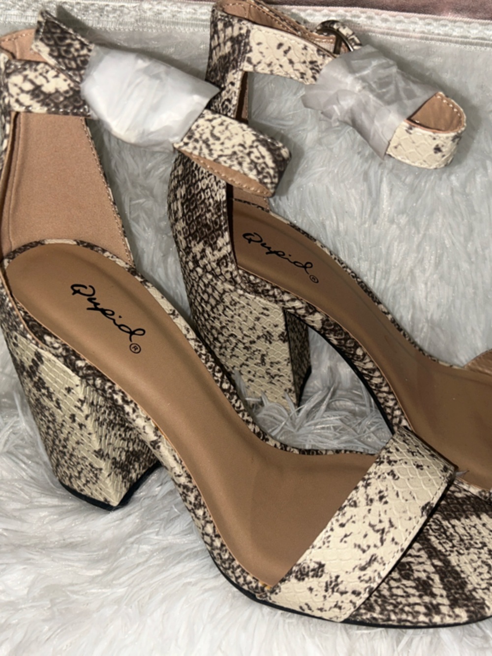 Qupid Cream and Brown Snake-Print Block Heel Sandals